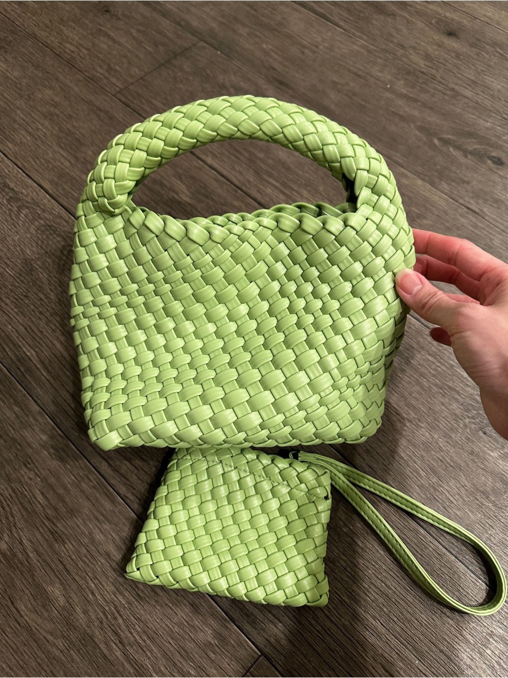 Woven Mini Handbag in Light Green | 2-in-1 Top Handle + Wristlet